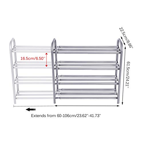 GEMITTO Shoe Rack Organizer for Closet Entryway, 4 Tiers Adjustable Heavy Duty Metal Shoe Storage Shelf, Large Enough for 20+ Pairs of Shoes (23.6"~41.7"x8.9"x24.2")(Silver)