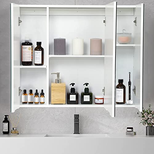 Medicine Cabinet Bathroom Mirror Cabinet with 3 Door 27.6 x 24 Inch Bathroom Wall Cabinet with Mirror Wall Mirror Storage Shelf with 3-Adjustable Shelves Storage Organizer Kitchen Cupboard White