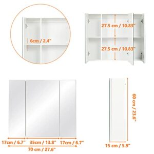 Medicine Cabinet Bathroom Mirror Cabinet with 3 Door 27.6 x 24 Inch Bathroom Wall Cabinet with Mirror Wall Mirror Storage Shelf with 3-Adjustable Shelves Storage Organizer Kitchen Cupboard White