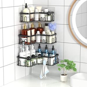 Menbyci 3 Pack Corner Shower Caddy, Stainless Steel Corner Shower Shelf with 18 Hooks, Adhesive Shower Shelves Shower Organizer Corner for Bathroom Storage (Black)