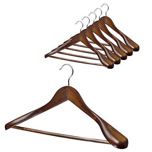 Bartnelli Wood Coat Hangers with Non-Slip Bar for Pants, Jeans and Trousers – Solid Wooden Jacket and Coat Hangers with Chrome Swivel Hook – Vintage Finish - Pack of 6