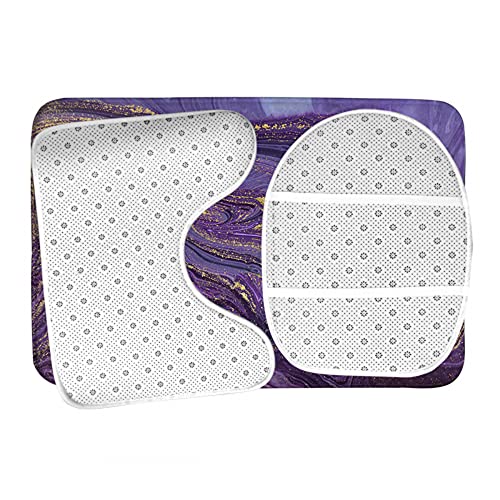 WONDERTIFY Marble Ripple Bathroom Antiskid Pad Violet Marbling Texture 3 Pieces Bathroom Rugs Set, Bath Mat+Contour+Toilet Lid Cover Purple Gold Glitter Powder Silver