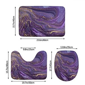 WONDERTIFY Marble Ripple Bathroom Antiskid Pad Violet Marbling Texture 3 Pieces Bathroom Rugs Set, Bath Mat+Contour+Toilet Lid Cover Purple Gold Glitter Powder Silver