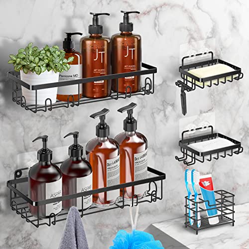 TBMax Shower Caddy, 5 Pack Adhesive Bathroom Shower Organizer with Soap Dish & Toothbrush Holder, Black Shower Shelf for Inside Shower, Wall Mounted Stainless Steel Shower Rack Bathroom Accessories