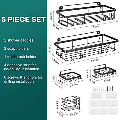 TBMax Shower Caddy, 5 Pack Adhesive Bathroom Shower Organizer with Soap Dish & Toothbrush Holder, Black Shower Shelf for Inside Shower, Wall Mounted Stainless Steel Shower Rack Bathroom Accessories