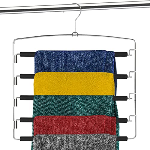 5 Tier Pant Hangers Non Slip with Foam (3PK) Space Saving Pant Hangers for Men and Women Jeans Pant Hangers for Closet Pants Multi Hangers Pants Racks for Hanging Metal Pants