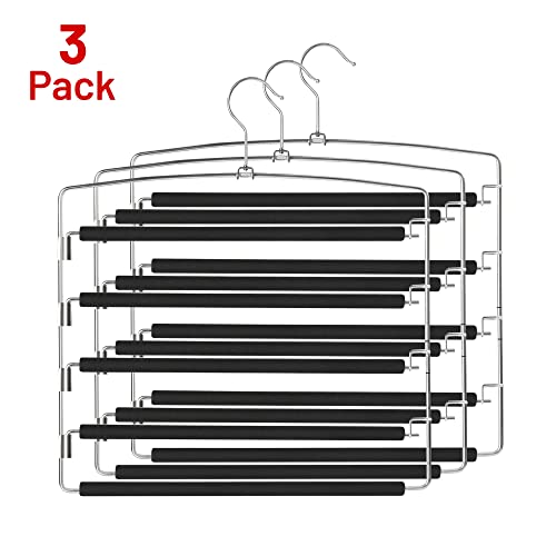 5 Tier Pant Hangers Non Slip with Foam (3PK) Space Saving Pant Hangers for Men and Women Jeans Pant Hangers for Closet Pants Multi Hangers Pants Racks for Hanging Metal Pants