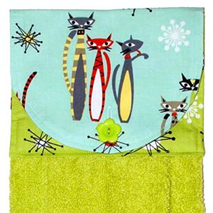 hanging hand towel - mod cats on aqua with green starburst accent fabric - plush green kitchen towel