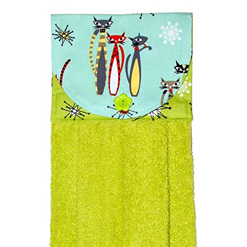 Hanging Hand Towel - Mod Cats On Aqua with Green Starburst Accent Fabric - Plush Green Kitchen Towel