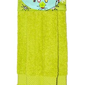 Hanging Hand Towel - Mod Cats On Aqua with Green Starburst Accent Fabric - Plush Green Kitchen Towel