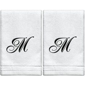 personalized initial fingertip towels - 2 pack 11x18 - black embroidery on white towel, modern monogrammed towels, great personalized initial gift for women, teachers, friends, bridesmaids initial m