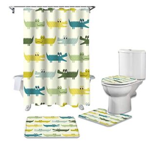 meet 1998 4 pcs shower cuatain sets non-slip bath rugs cartoon crocodile toilet cover bathroom decor for kids adults colorful cute alligator,36x72 inch waterproof shower curtainch with hooks,large