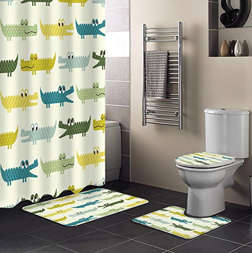 Meet 1998 4 Pcs Shower Cuatain Sets Non-Slip Bath Rugs Cartoon Crocodile Toilet Cover Bathroom Decor for Kids Adults Colorful Cute Alligator,36x72 inch Waterproof Shower Curtainch with Hooks,Large