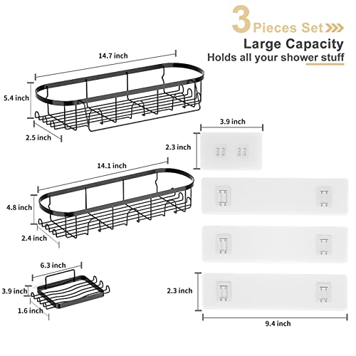 Meibeidor Shower Caddy Shelf Rack 3-Pack,No Drilling Adhesive Shower Shelves Inside Shower, Stainless Steel Shower Storage Accessories with 4 Hooks& Soap Holder, Wall Mount Organizer Black