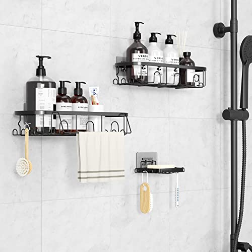 Meibeidor Shower Caddy Shelf Rack 3-Pack,No Drilling Adhesive Shower Shelves Inside Shower, Stainless Steel Shower Storage Accessories with 4 Hooks& Soap Holder, Wall Mount Organizer Black