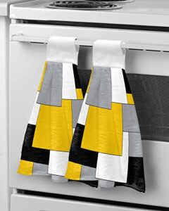 2pcs hand tie towels for bathroom kitchen-abstract modern geometric art decor hanging towel tea bar dish cloth soft coral fleece absorbent washcloth, yellow gray black white color block
