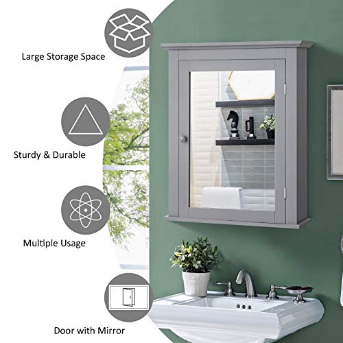 Tangkula Bathroom Cabinet with Mirror, Mirrored Wall-Mounted Storage Medicine Cabinet with Single Door & Adjustable Shelf in 5 Positions, Multipurpose Wall Cabinet for Bathroom Vestibule (Gray)