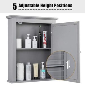 Tangkula Bathroom Cabinet with Mirror, Mirrored Wall-Mounted Storage Medicine Cabinet with Single Door & Adjustable Shelf in 5 Positions, Multipurpose Wall Cabinet for Bathroom Vestibule (Gray)