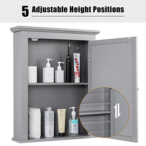 Tangkula Bathroom Cabinet with Mirror, Mirrored Wall-Mounted Storage Medicine Cabinet with Single Door & Adjustable Shelf in 5 Positions, Multipurpose Wall Cabinet for Bathroom Vestibule (Gray)