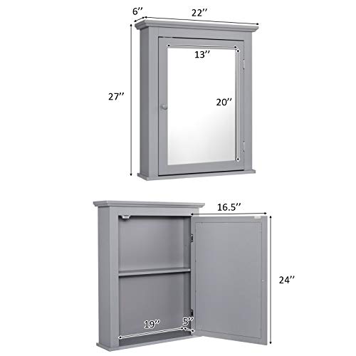 Tangkula Bathroom Cabinet with Mirror, Mirrored Wall-Mounted Storage Medicine Cabinet with Single Door & Adjustable Shelf in 5 Positions, Multipurpose Wall Cabinet for Bathroom Vestibule (Gray)