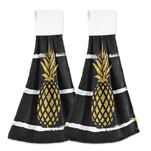yellow gold golden glitter pineapple on white black stripes 2 pcs hanging kitchen hand towels, hanging tie towels with hook & loop dishcloths sets, decorative absorbent tea bar bath hand towel