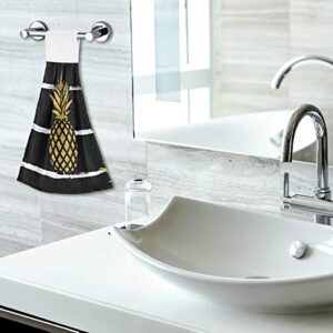 Yellow Gold Golden Glitter Pineapple On White Black Stripes 2 Pcs Hanging Kitchen Hand Towels, Hanging Tie Towels with Hook & Loop Dishcloths Sets, Decorative Absorbent Tea Bar Bath Hand Towel