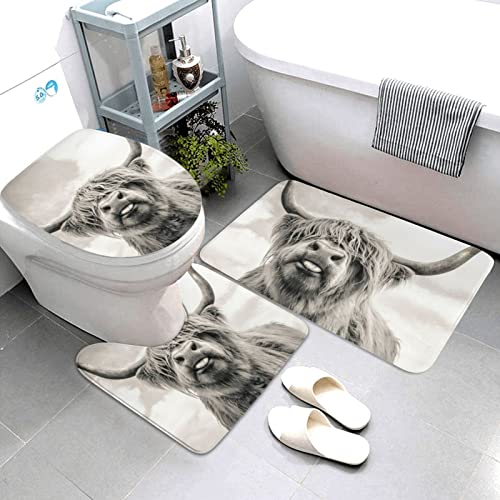 Billichase Highland Cow Bathroom Rugs and Mats Set 3 Pieces Non Slip Absorbent U-Shaped Contour Toilet Mats, Bath Mat and Toilet Lid Cover for Tub Shower and Bath Room