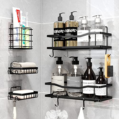 Monjuae Shower Caddy 5 Pack, Bathroom Organizer, Strong Adhesive Shower Shelves, No Drilling, Waterproof, Rustproof Shower Organizer for Inside Shower Rack, Shower Storage for Bathroom, Kitchen,Black