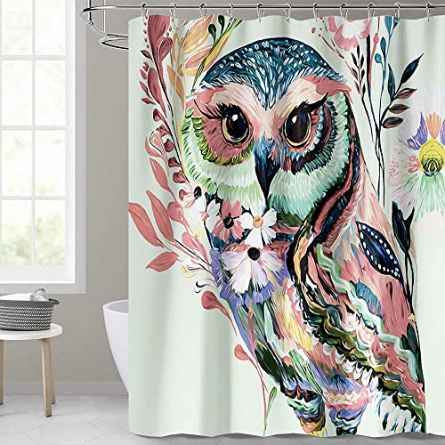 Colorful Owl Shower Curtain Sets with Rugs, Cute Oil Art Bathroom Sets with Shower Curtains and Rugs, Waterproof Fabric Bathroom Shower Curtain Sets