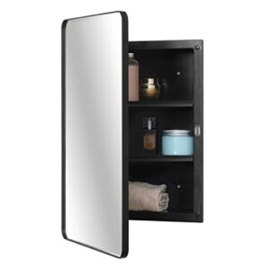 fundin plastic medicine cabinet, beveled edge mirror door with round corner metal frame, recessed and surface mount, black,16 x 24 inch mirror size