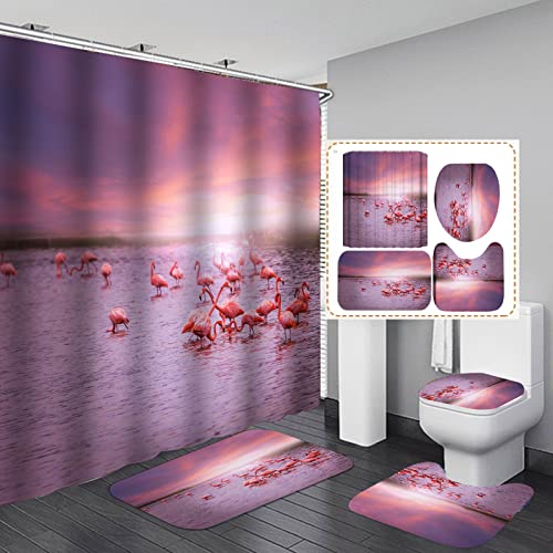 StarBlue-HGS Beach Sunset Flamingo Waterproof Shower Curtain Set Seaside Sea Sandy Beach Butterfly Bathroom Bathtub Mat Toilet Cover Mat Set