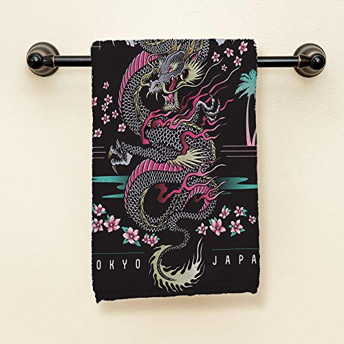 Swono Japanese Dragon Hand Towel,Abstract Dragon with Cherry Blossom with Japanese Style Hand Towels for Bath Hand Face Gym and Spa Bathroom Decoration 15"X30"