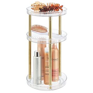 mdesign spinning 3-tier lazy susan 360 rotating makeup organizer storage tower - beauty cosmetic organization caddy for bathroom vanity, countertop, makeup table - ligne collection - clear/soft brass