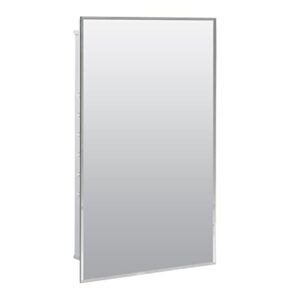 zenna home frameless mirror medicine cabinet, 16" w x 26" h, made for recessed or surface mount, powder coated steel body, with beveled edge mirrored door and 2 storage shelves