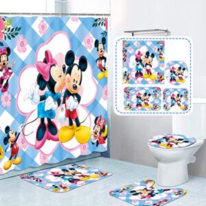 YQPBZCHH 4 Pcs Cartoon Shower Curtain Sets with Non-Slip Rug,Toilet Lid Cover and Absorbent Carpet Bath Mat,Durable Waterproof Shower Curtain with 12 Hooks for Bathroom (A)