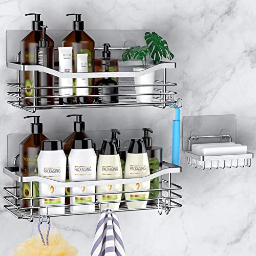 Orimade Shower Caddy Basket Soap Dish Holder Shelf with 5 Hooks Bathroom Organizer Shelf Kitchen Storage Rack Wall Mounted Adhesive No Drilling Rustproof SUS304 Stainless Steel - 3 Pack