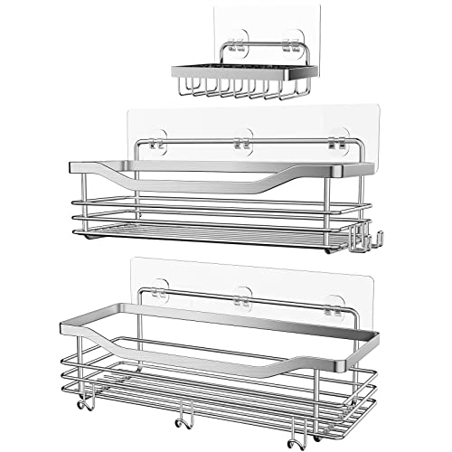 Orimade Shower Caddy Basket Soap Dish Holder Shelf with 5 Hooks Bathroom Organizer Shelf Kitchen Storage Rack Wall Mounted Adhesive No Drilling Rustproof SUS304 Stainless Steel - 3 Pack
