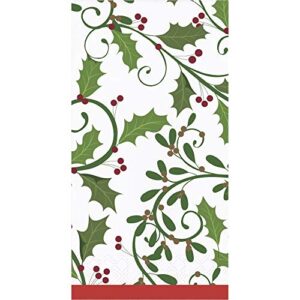 creative converting christmas hand towels for bathroom, christmas bathroom decor, disposable paper guest towels, christmas party holly 4.5" x 8" pk 32