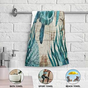 Pfrewn Sea Turtle Starfish Retro Map Hand Towels Set of 2 Underwater Tropical Ocean Bathroom Towel 16x30 in Soft Absorbent Guest Bath Towel Kitchen Dish Towel Spa Home Bathroom Decorations