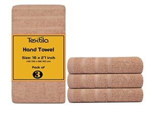 textila cotton hand towels - pack of 3 - beige color - 16x27 inches - soft and absorbent towels for bathroom, kitchen, and gym.