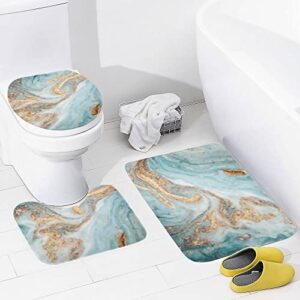 Fashion 3 Piece Bath Rugs Set Abstract Golden Turquoise Marble Texture Printed Non Slip Ultra Soft Bathroom Mats, U Shape Mat and Toilet Lid Cover Mat Bath Mats