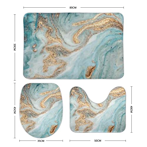 Fashion 3 Piece Bath Rugs Set Abstract Golden Turquoise Marble Texture Printed Non Slip Ultra Soft Bathroom Mats, U Shape Mat and Toilet Lid Cover Mat Bath Mats