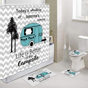 jawo camper rv shower curtain sets with non-slip rugs, toilet lid cover and bath mat,trailer travel with tree stripes shower curtain with 12 hooks