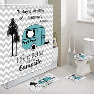 JAWO Camper RV Shower Curtain Sets with Non-Slip Rugs, Toilet Lid Cover and Bath Mat,Trailer Travel with Tree Stripes Shower Curtain with 12 Hooks