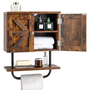 Tangkula Wall Mounted Bathroom Cabinet, 2 Doors Wooden Space Saving Medicine Cabinet with Open Shelf and Towel Bar, Multifunctional Over The Toilet Storage Organizer Kitchen Cupboard (Rustic Brown)