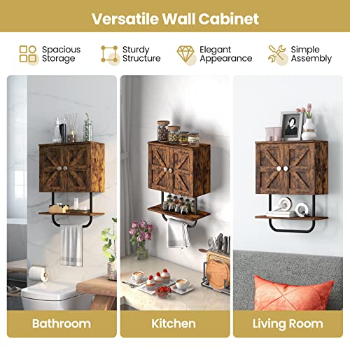 Tangkula Wall Mounted Bathroom Cabinet, 2 Doors Wooden Space Saving Medicine Cabinet with Open Shelf and Towel Bar, Multifunctional Over The Toilet Storage Organizer Kitchen Cupboard (Rustic Brown)