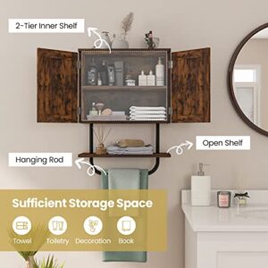 Tangkula Wall Mounted Bathroom Cabinet, 2 Doors Wooden Space Saving Medicine Cabinet with Open Shelf and Towel Bar, Multifunctional Over The Toilet Storage Organizer Kitchen Cupboard (Rustic Brown)