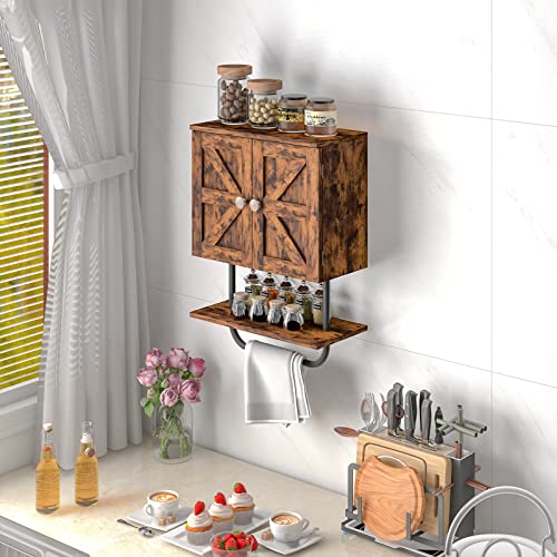 Tangkula Wall Mounted Bathroom Cabinet, 2 Doors Wooden Space Saving Medicine Cabinet with Open Shelf and Towel Bar, Multifunctional Over The Toilet Storage Organizer Kitchen Cupboard (Rustic Brown)