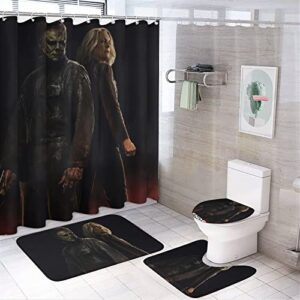 4pcs halloween ends shower curtain set with non-slip rugs, toilet lid cover and bath mat, halloween michael myers bathroom decor sets with 12 hooks 70.9 x 70.9 inches