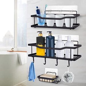 bbfish stainless steel shower caddy 3-pack with adhesive shelves, soap holder, 4 hooks, no drilling required - bathroom organizer for more space inside shower